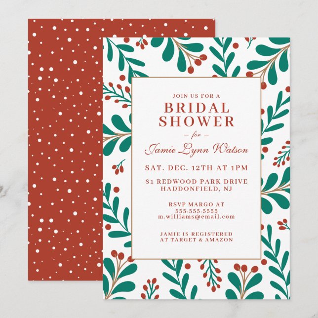 Brautparty | Christmas Mistletoe & Holly Einladung (Vorne/Hinten)