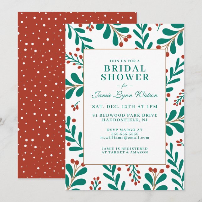 Brautparty | Christmas Mistletoe & Holly Einladung (Vorne/Hinten)