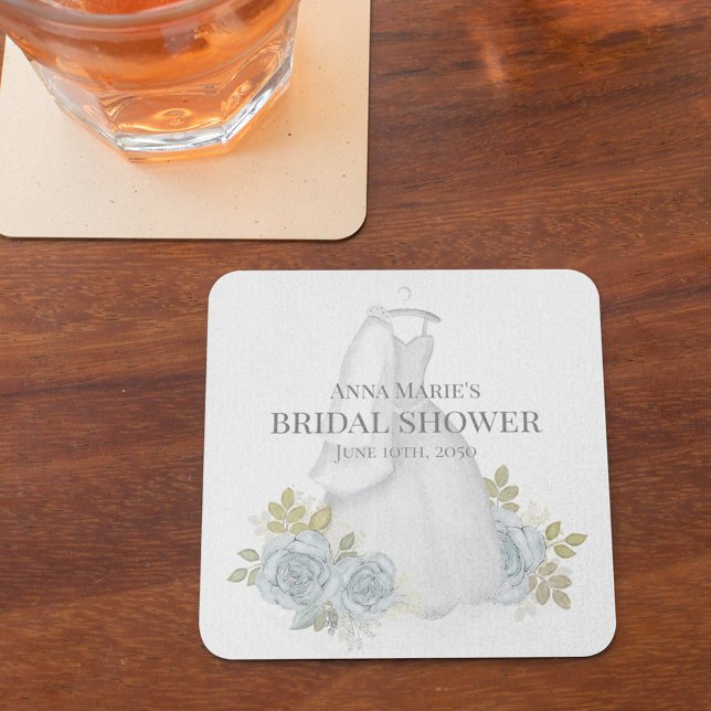 Brautparty Classic Elegante Hochzeit mit Blumen Rechteckiger Pappuntersetzer (Bridal shower paper coaster with blue floral and elegant wedding dress.)