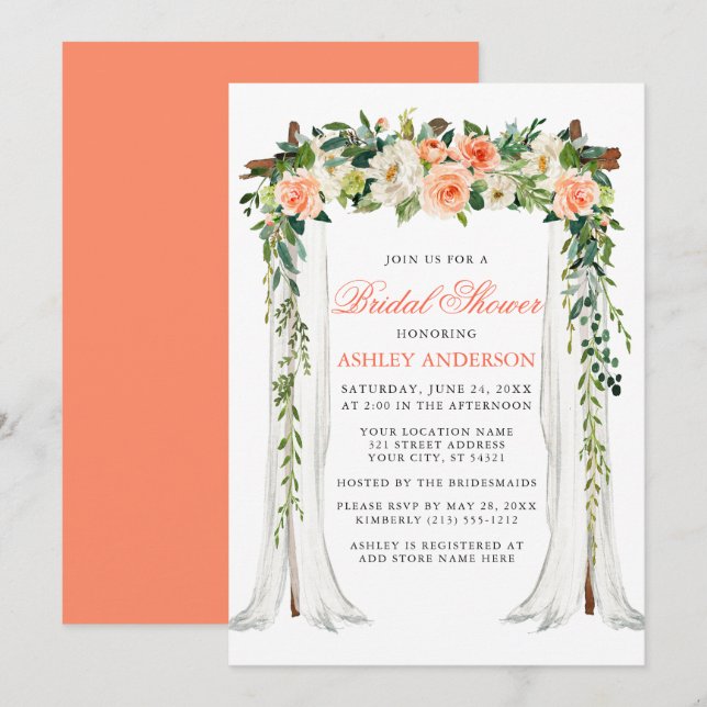 Brautparty "Coral Floral Canopy" Einladung (Vorne/Hinten)