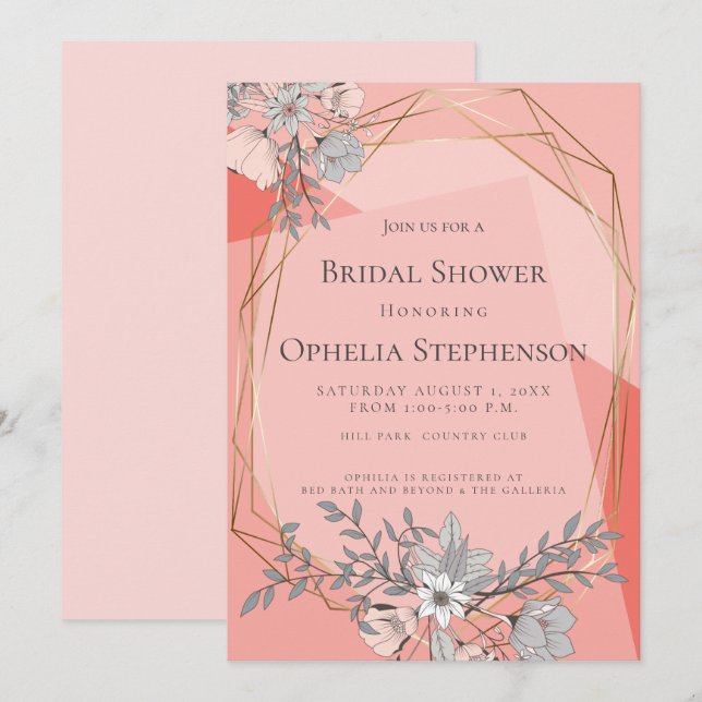 BRAUTPARTY Coral Floral Geometric Goldrahmen Einladung (Vorne/Hinten)