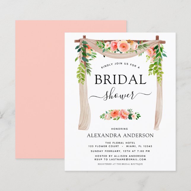 Brautparty Coral Peach Floral Einladung (Vorne/Hinten)