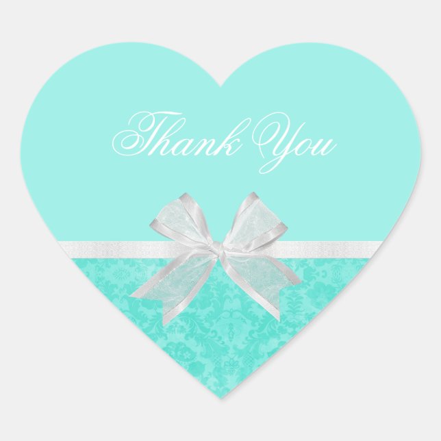 Brautparty Danke Chic Aqua Damask White Bow Herz-Aufkleber (Vorderseite)