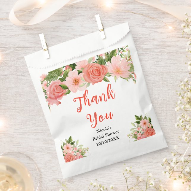 Brautparty Dankeschön in Korallenrot Rosen Geschenktütchen (Ausgeschnitten)