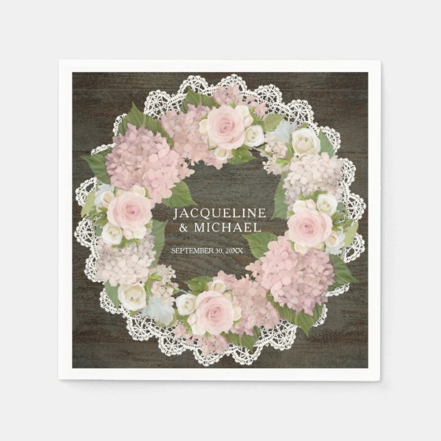 Brautparty Dark Wood Lace Hydrangea Rose Wreath Serviette (Vorderseite)