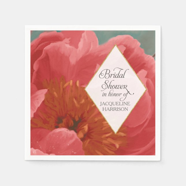 Brautparty Deco Red Peony Gold Imitats Glitzer Serviette (Vorderseite)