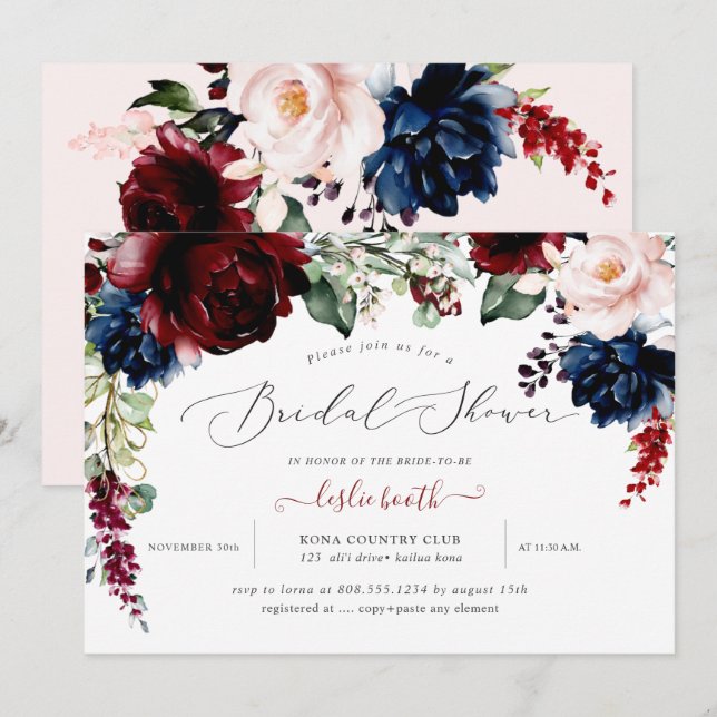 Brautparty der Blume der Burgundy Blush Navy Einladung (Vorne/Hinten)