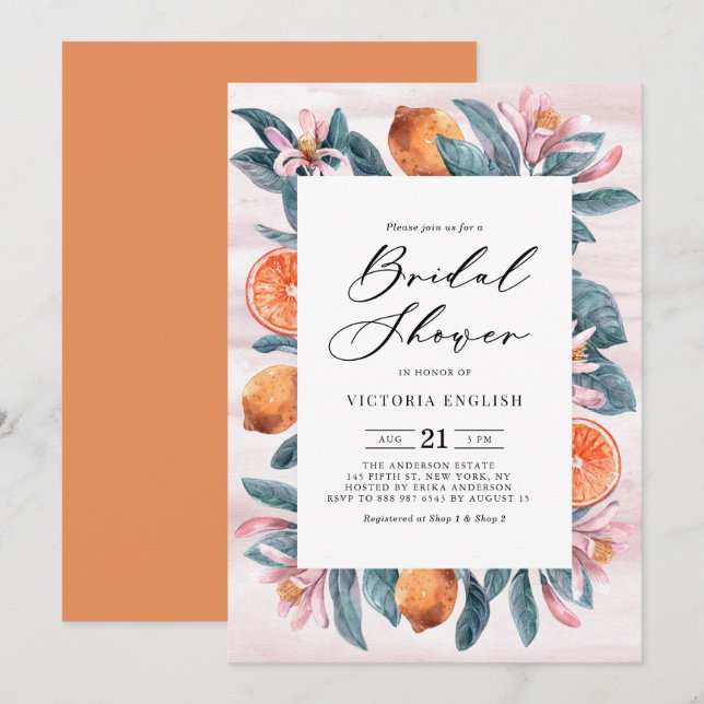 Brautparty der botanischen Orangen und rosa Blüten Einladung (Vorne/Hinten)