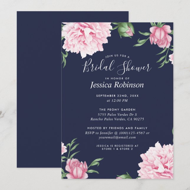 Brautparty der floralen Pink Peony Navy Einladung (Vorne/Hinten)