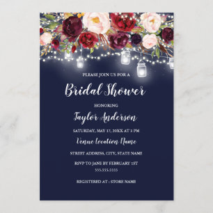 Brautparty der Navy Burgundy Floral Lights Einladung