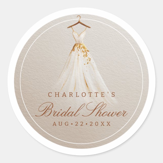 Brautparty Dress Gefallen Sticker in Taupe & Gold (Vorderseite)