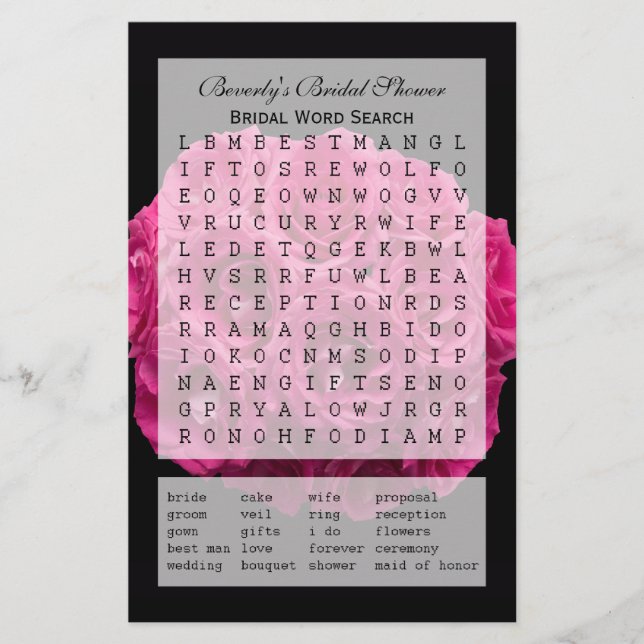 Brautparty Dusche Word Search Game - Rose (Vorderseite)