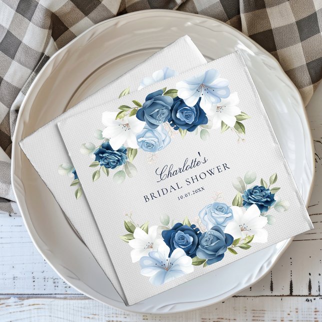 Brautparty Dusty Blue Floral Paper Serviette (Modern Elegant Dusty Blue Floral Watercolor Script Bridal Shower Paper Napkins)