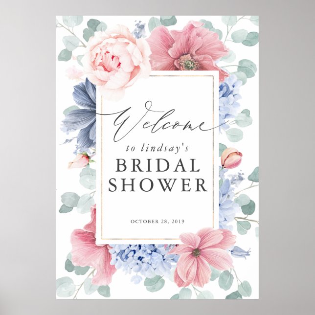Brautparty Dusty Blue und Pink Floral Willkommen Poster (Vorne)