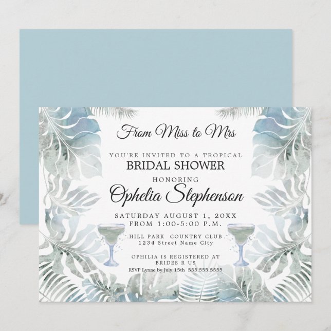 Brautparty Dusty Blue Watercolor Tropische Blätter Einladung (Vorne/Hinten)