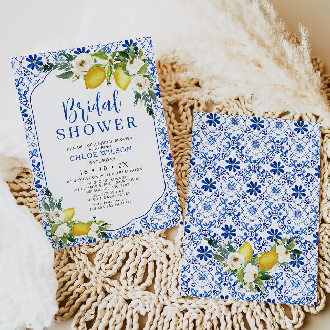 Brautparty Einladung (Mediterranean blue yellow tiles and lemon bridal shower invitation template.)