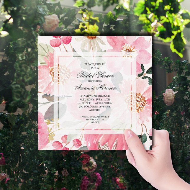 Brautparty Einladung (Watercolor pink garden flowers bridal shower square invitations)