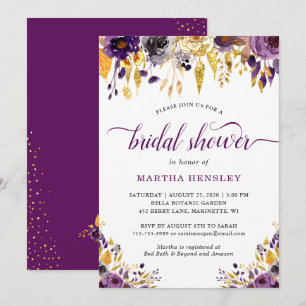 Brautparty-Einladung mit Pflaumen-Purple-Gold-Blum Einladung