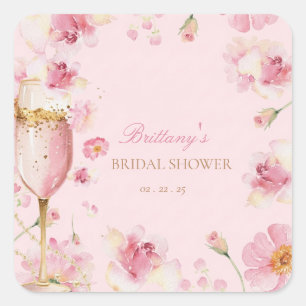 Brautparty-Einladung 'Petals, Pearls & Prosecco' Quadratischer Aufkleber