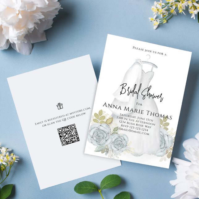 Brautparty Elegant Calligraphy Script Dress Einladung (Elegant Bridal Shower invitation with beautiful blue floral roses and wedding gown)