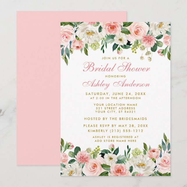 Brautparty Elegant Rosa Rosa Blüte Einladung (Vorne/Hinten)