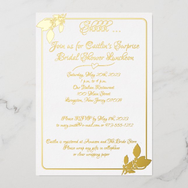 Brautparty, elegant, weiß, Gold Folieneinladung (Vorderseite)