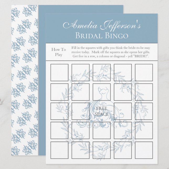 Brautparty - Elegante Blue Bingo Game Card Einladung (Vorne/Hinten)