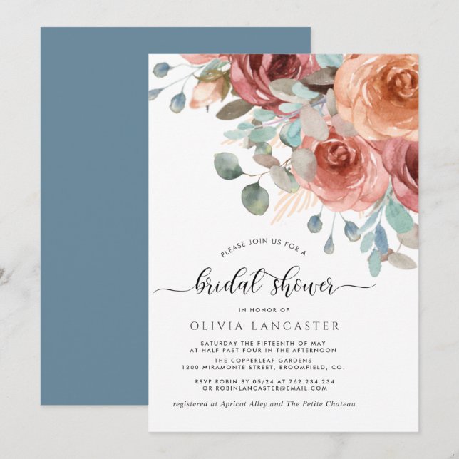 Brautparty, elegantes Dusty Blue und Blush Einladung (Vorne/Hinten)