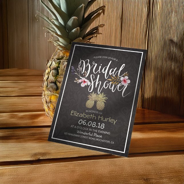 Brautparty Elegantes Schwarzes Gold Ananas Paar Einladung (Von Creator hochgeladen)