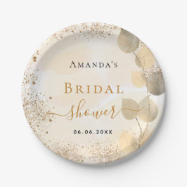 Brautparty Eukalyptus goldfarbener Glitzer Monogra Pappteller