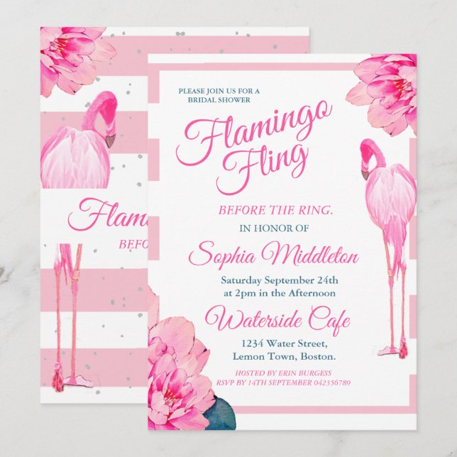 Brautparty Flamingo Fling Stripe Floral Chic Einladung (Vorne/Hinten)