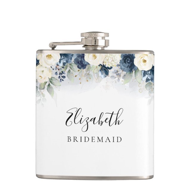 Brautparty Flasche mit blauen und weißen Rosen Flachmann (Vorderseite)