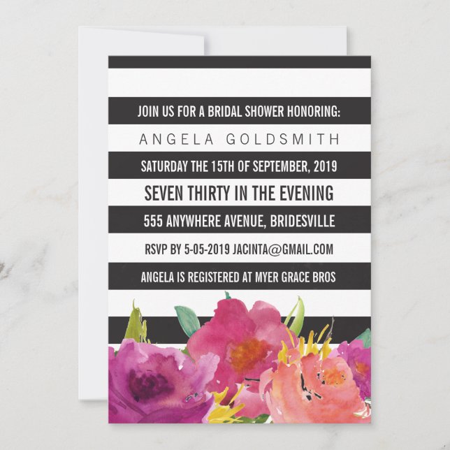 Brautparty Floral Black & White Streifen Einladung (Vorderseite)