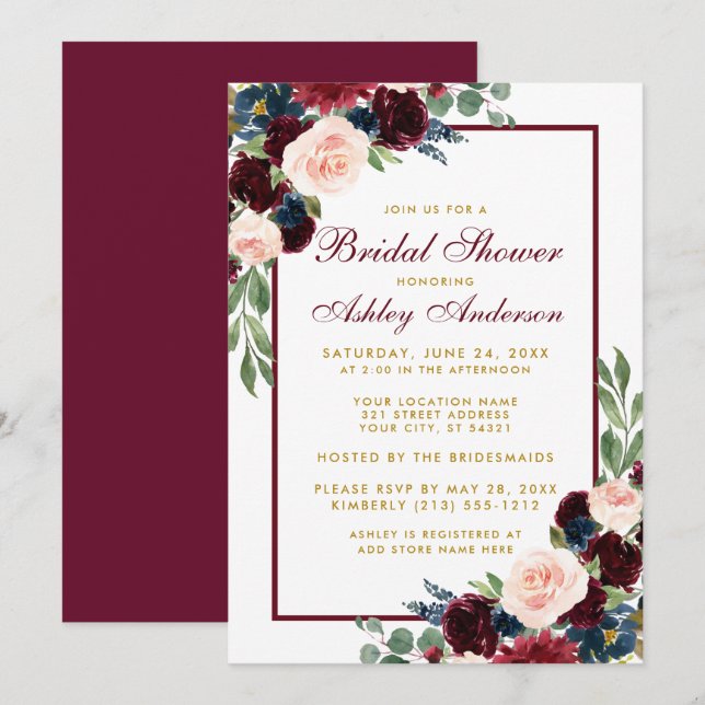 Brautparty Floral Burgundy Blue Gold Einladung (Vorne/Hinten)