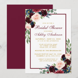 Brautparty Floral Burgundy Blue Gold Einladung