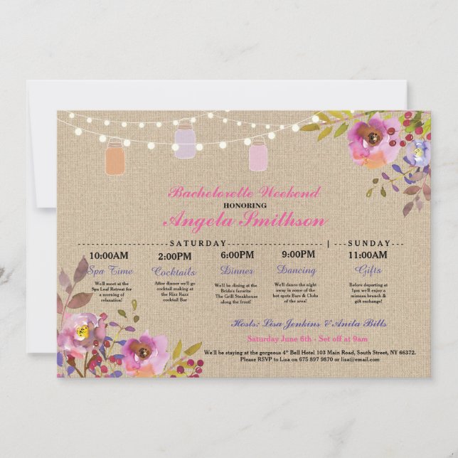 Brautparty Floral Jars Itinerary Bachelorette Einladung (Vorderseite)