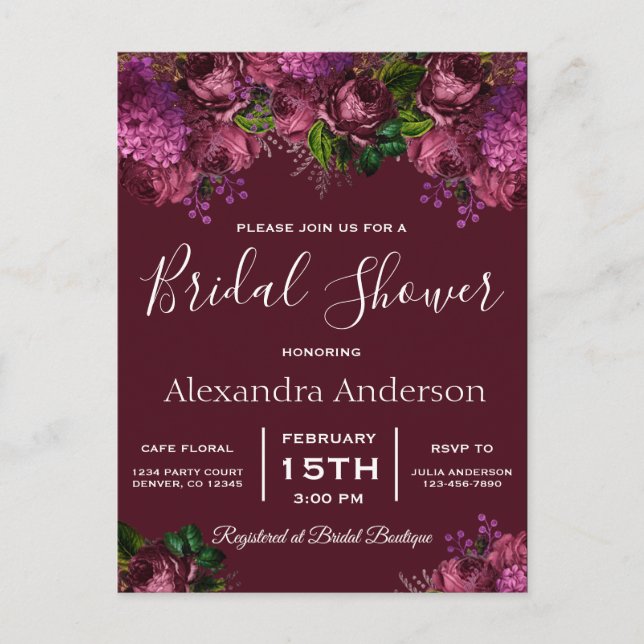 Brautparty Floral Marsala Burgund Einladung (Vorderseite)