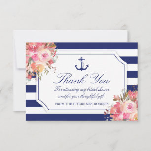 Brautparty Floral Nautic Anker Blauer Streifen Dankeskarte