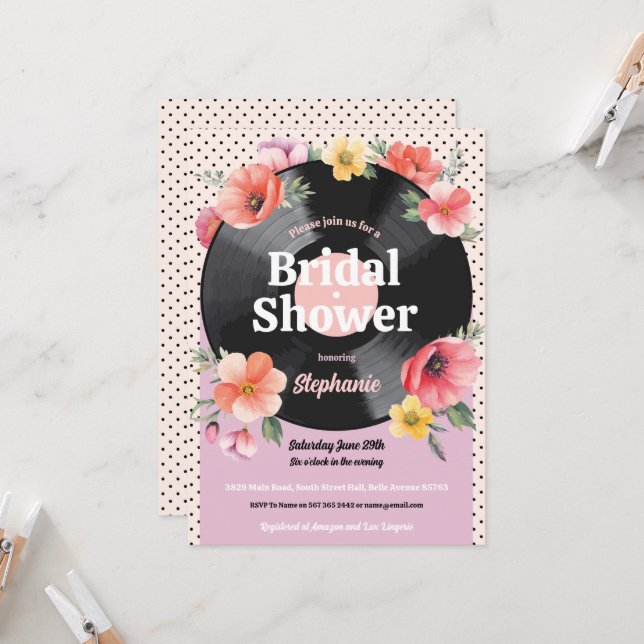 Brautparty Floral Record Bachelorette Einladung (Vorderseite/Rückseite Beispiel)