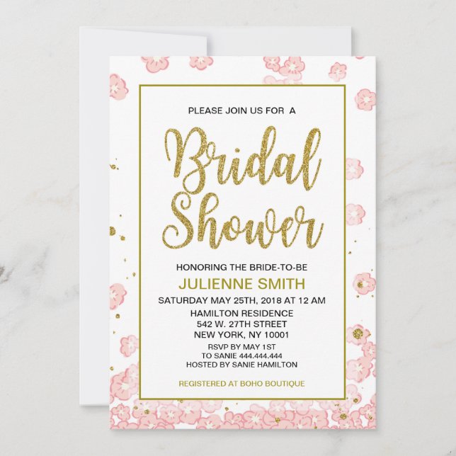 Brautparty Floral | Rosa und goldener Glitzer Einladung (Vorderseite)