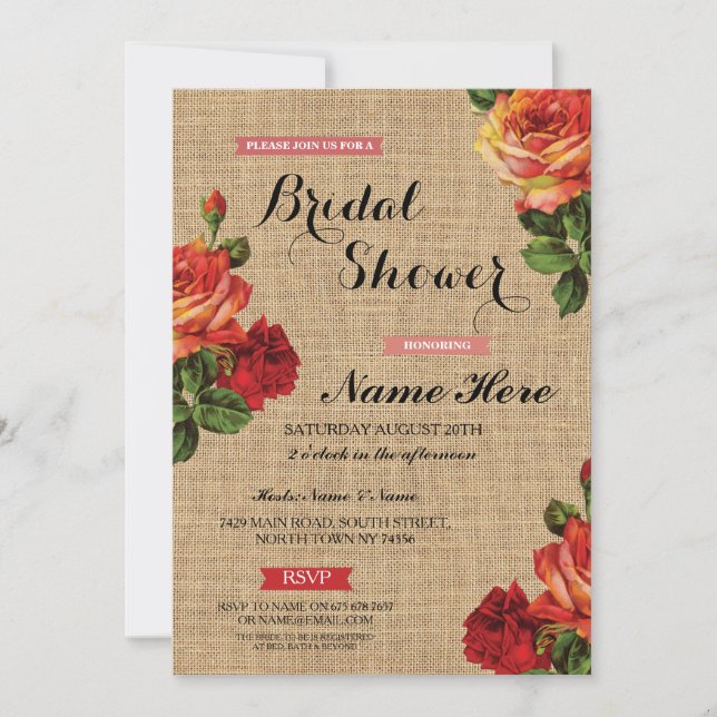 Brautparty Floral Rote Rosen Burlap Invite Einladung (Vorderseite)