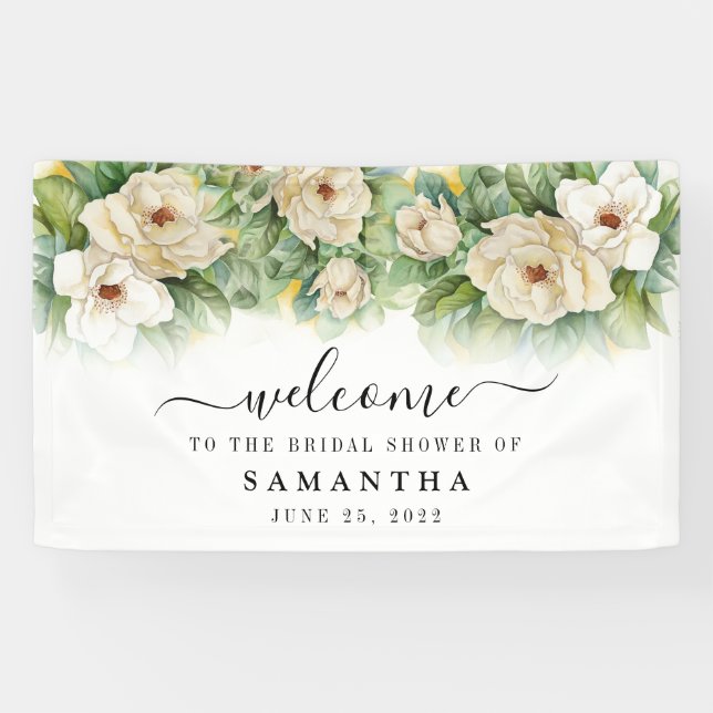 Brautparty Floral White Magnolia Name Willkommen Banner (Horizontal)