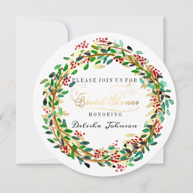 Brautparty Floral Wreath White Green Gold Einladung (Vorderseite)