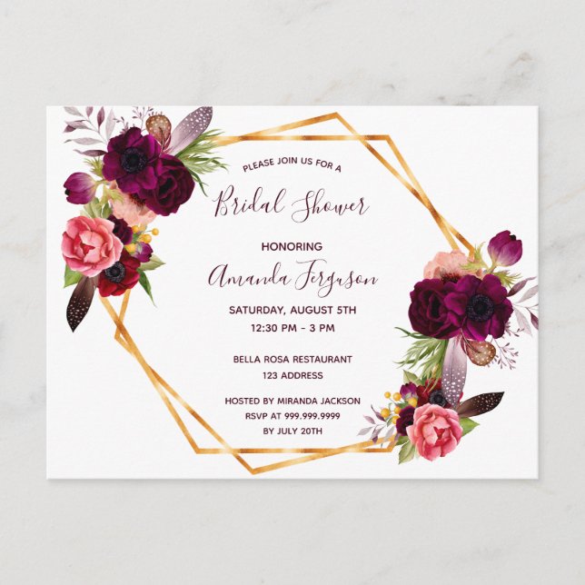 Brautparty florals bordeauxrot Einladung Postkarte (Vorderseite)