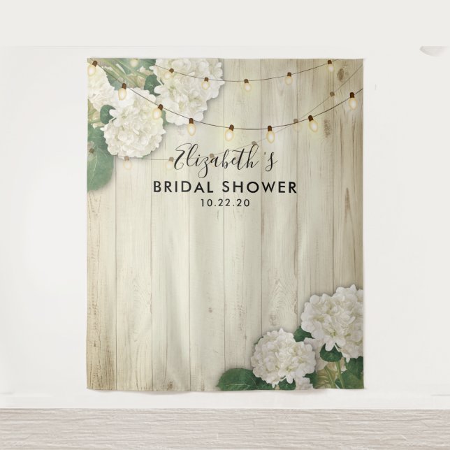 Brautparty Foto Hintergrund Hydrangea Lights Holz Wandteppich (Vorderseite)