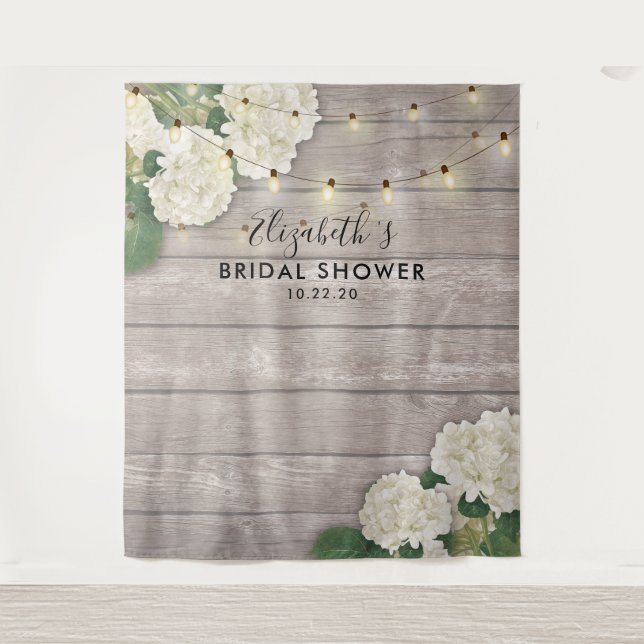 Brautparty Foto Hintergrund Hydrangea Lights Holz Wandteppich (Vorderseite)
