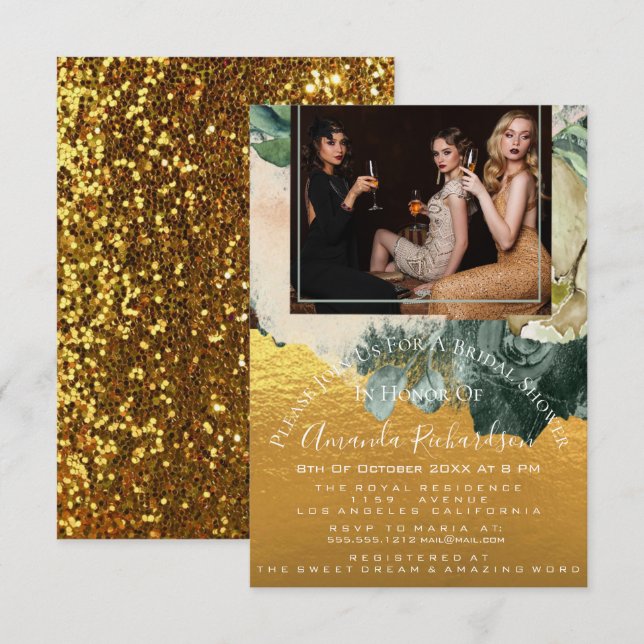 Brautparty Foto Maroon Floral Birthday Gold Einladung (Vorne/Hinten)