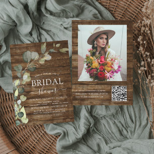 Brautparty Foto QR Code Eukalyptus Rustikales Holz Einladung