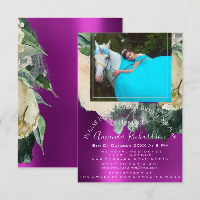 Brautparty Foto Rosa Blütengebirge Einhorn Einladung (Vorne/Hinten)
