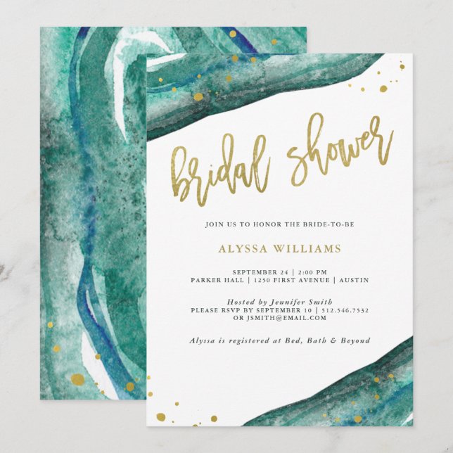 Brautparty für Aquamarine Aquarellfarben und Goldg Einladung (Vorne/Hinten)